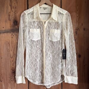 Sz M GUESS Button Down Lace Channing Shirt Blouse In Milk NWT